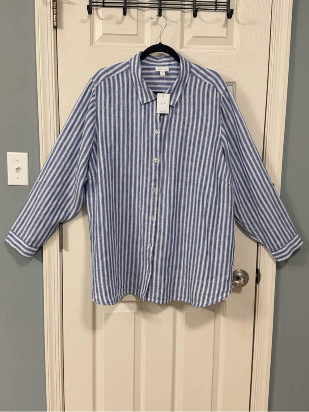 J. Jill Blue and White Striped Linen Button-Front Shirt - Picture 10 of 16